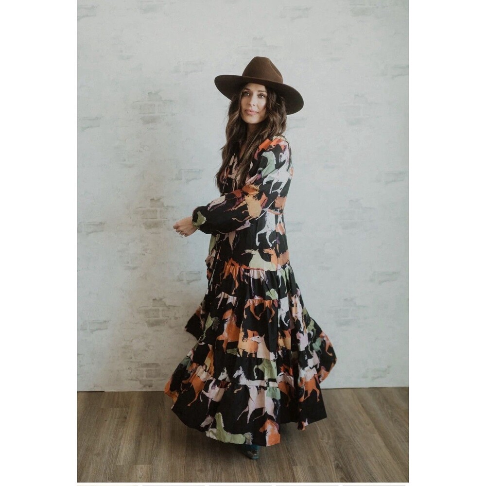 Beulah Blueprint Pony Up Maxi Dress Medium Tiered Horses Party Festival Fall